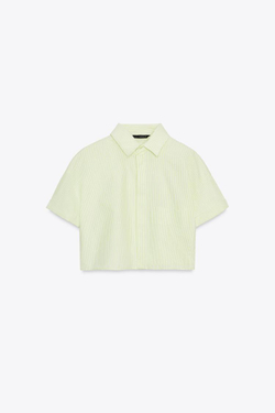 ZARA УКОРОЧЕННАЯ РУБАШКА ИЗ ПОПЛИНА, ЛАЙМОВЫЙ