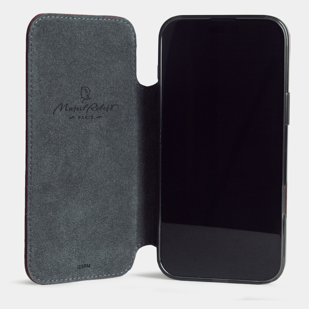 Чехол-книжка кожаная для iPhone 17 Pro, теленок вишневого цвета