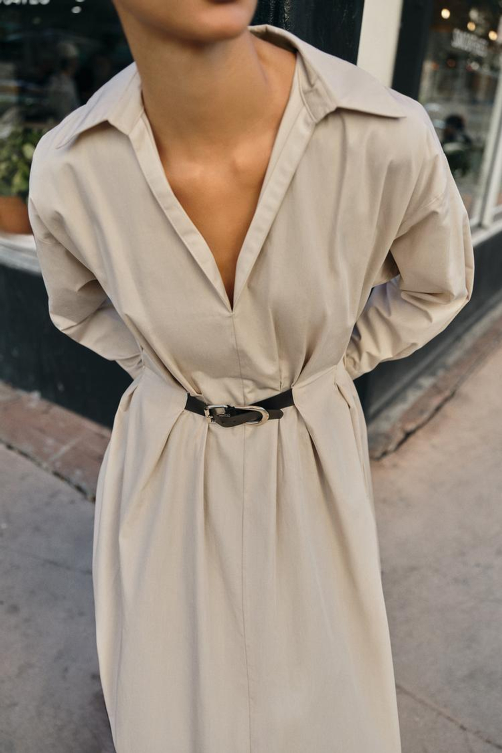 ZARA ПЛАТЬЕ МИДИ С ПОЯСОМ, БЕЖЕВЫЙ