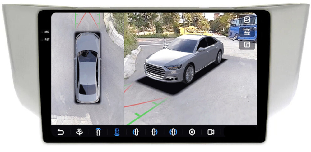 Магнитола для Toyota Harrier XU30 2003-2013, Lexus RX 2003-2009 (монохром, рамка вниз) - FarCar BX3221M-360 монитор 9.5" 2K QLED на Android 13, 6Гб+128Гб, CarPlay, 4G SIM-слот, 4 камеры в комплекте