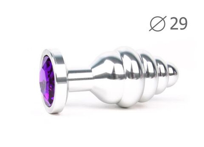Коническая ребристая серебристая анальная втулка с кристаллом фиолетового цвета - 7,1 см. (Цвет: фиолетовый)