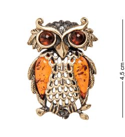 AM-2392 Брошь «Сова на веточке» (латунь, янтарь)