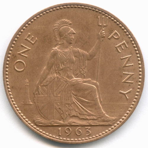 1 пенни 1963 год. Великобритания. Елизавета II. Бронза, диаметр 30,8 мм. XF