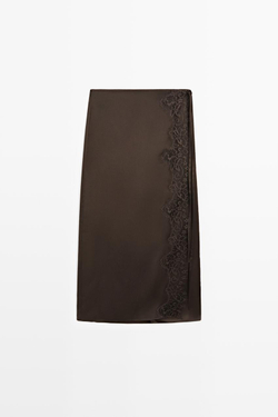 Massimo Dutti Юбка парео из 100% шелка с кружевными деталями, шоколадный