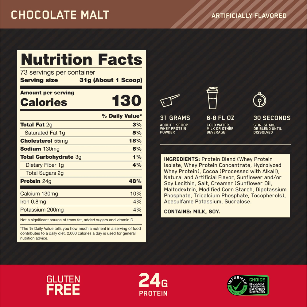 Optimum Nutrition, Gold Standard 100% Whey, шоколадный солод, 2,27 кг (5 фунтов)
