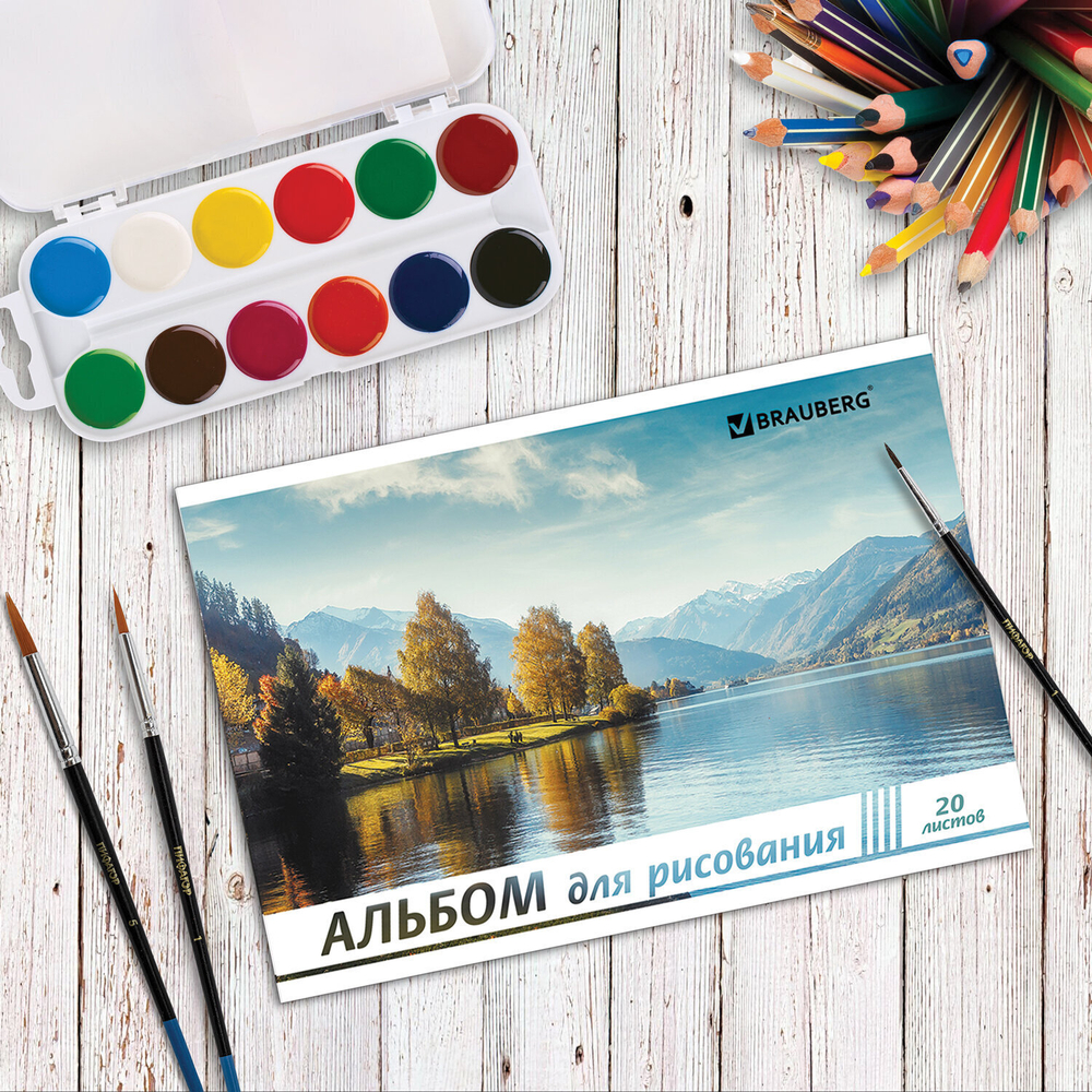 Альбом для рисования А4 20 л. скоба обложка картон BRAUBERG 200х283 мм "Природа" (2 вида) (25 штук в упаковке)
