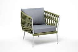"Диего" кресло плетеное из роупа, каркас алюминий светло-серый (RAL7035) муар, роуп салатовый меланж круглый, ткань светло-серая