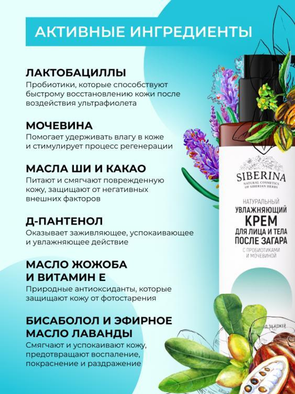 Увлажняющий крем для лица и тела Siberina после загара с пробиотиками и мочевиной, 200 мл