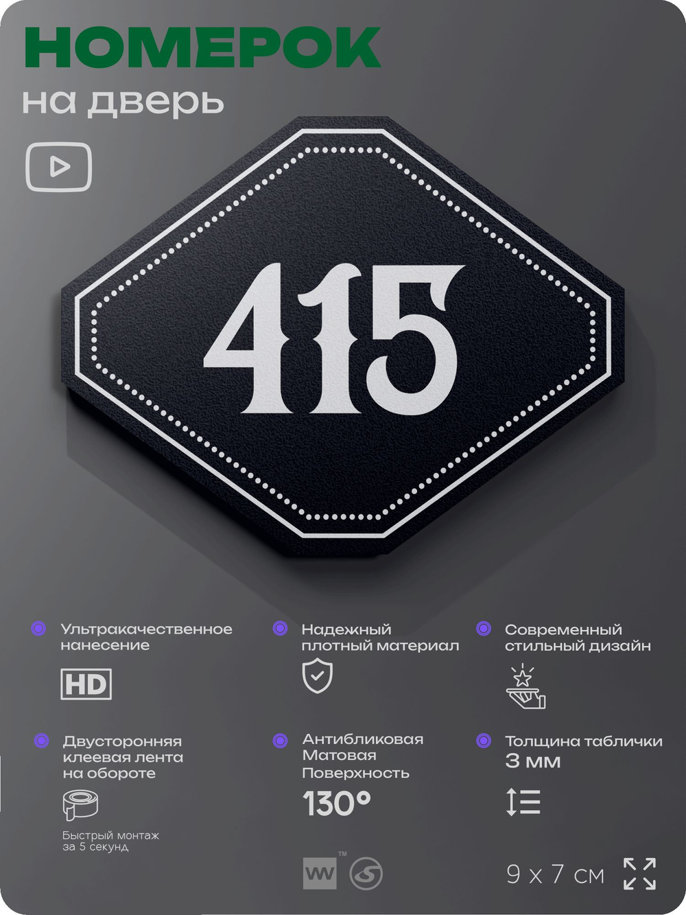 Номерок на дверь квартиры 415, для кабинета, офиса, шильдик 9 х 7 см, черный, Айдентика Технолоджи