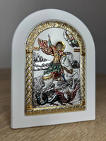 Георгий Победоносец, икона арочная, белое дерево, эмаль 105х140