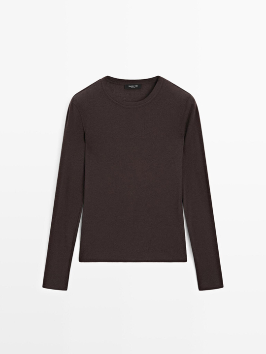 Massimo Dutti Футболка из смесового хлопка с длинными рукавами, пестро-коричневый