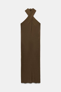 ZARA ТРИКОТАЖНОЕ ПЛАТЬЕ МИДИ ХАЛТЕР, ХАКИ