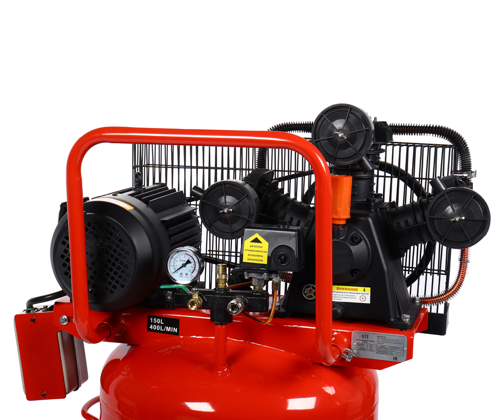 Компрессор пневматический 380В 3.0кВт 8атм. 400л/мин. ресивер-150л поршн. ремен. вертикальный GTE