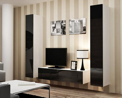 Гостиная Виго 9 МДФ (черная) / Белый Фасадный 0101 220*42*180 см, Черный, Белый Фасадный   Фиеста