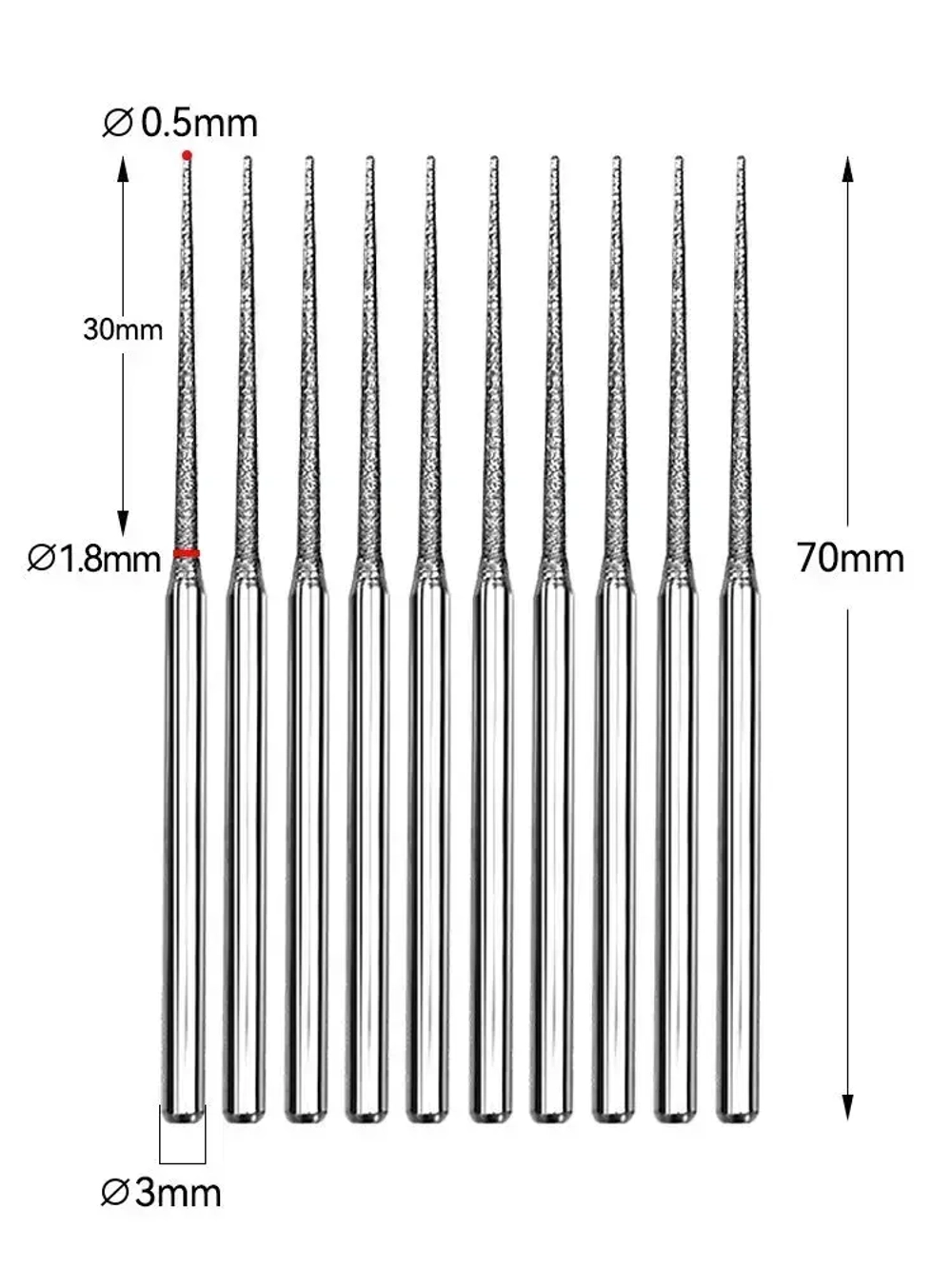 Алмазные иглы для гравера, Диаметр иглы 0.5/1.8 мм , хвостовика 3мм, 10шт