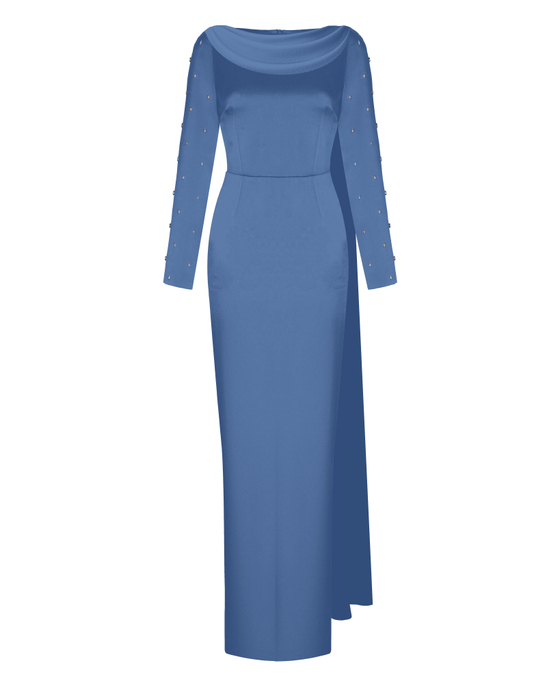 Платье макси сатиновое с драпированным воротником и вышивкой на рукавах