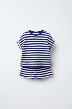 ZARA КОМПЛЕКТ ИЗ ФУТБОЛКИ И ШОРТОВ WAYAS WAFFLE, ЧЕРНИЛЬНО-СИНИЙ