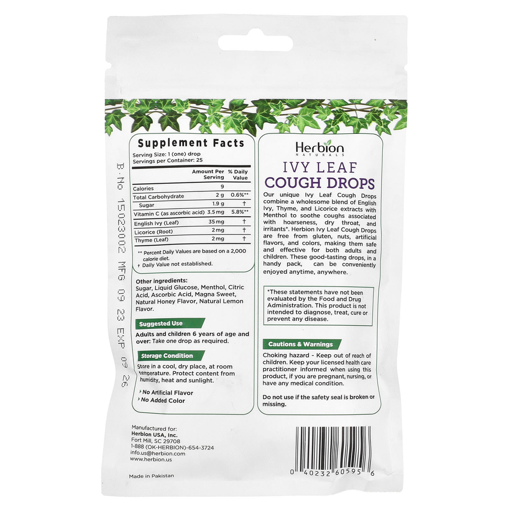 Herbion Naturals, леденцы от кашля с листьями плюща, мёдом и лимоном, 25 леденцов в индивидуальной упаковке