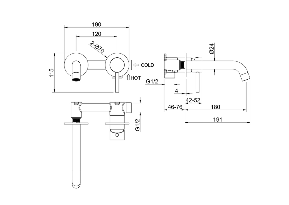 Смеситель для раковины настенный 2 отв. (внешняя и скрытая часть) AQUATEK AQ1313CR ЕВРОПА