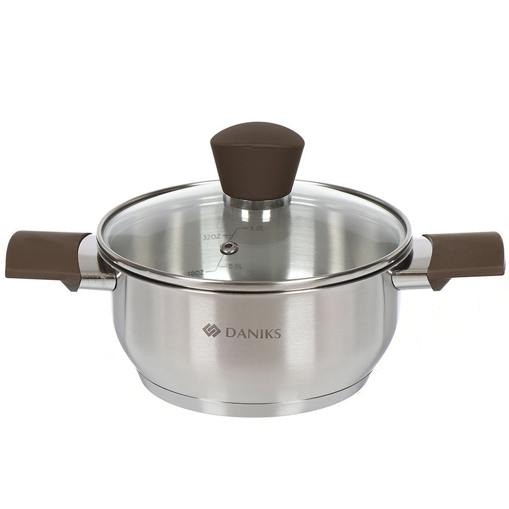 Кастрюля нерж, 1.5 л, с крыш, крышка стекло, Daniks, Savory, SD-A95-16, серебр, индукц