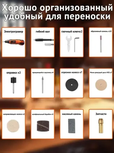 REXBETI Электрический гравер, Электрогравер с гибким валом для шлифовки( 200 Вт, 33000 об/мин, 40 шт насадок, регулировка скорости, Защитная коробка)