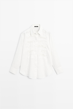 Massimo Dutti Рубашка из 100% льна с декоративной отделкой на груди, белый