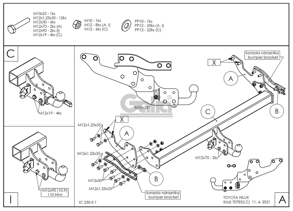 Фаркоп оцинкованный Galia T078A для TOYOTA HILUX, PICK UP, 2015-(паспорт и сертификат в комплекте)(без электрики)