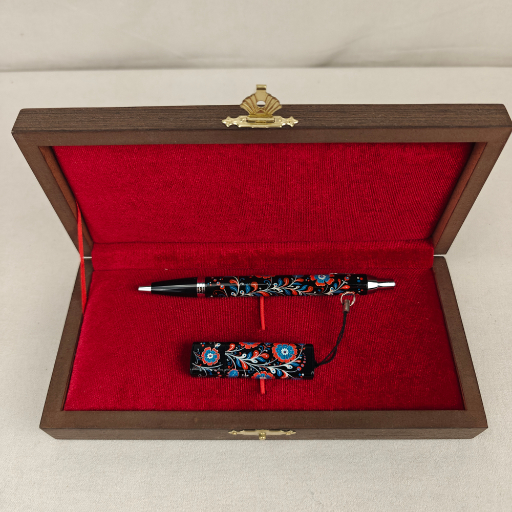 Набор "Цветы России" флешка и ручка Parker с ручной росписью Палех в футляре