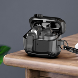 Усиленный чехол черного цвета от Dux Ducis для наушников Samsung Buds 3 и Buds 3 Pro, серия SECH Series Case, в комплекте с карабином
