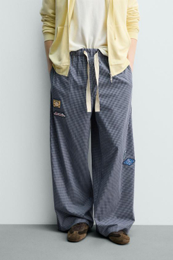 ZARA БРЮКИ RELAXED FIT В КЛЕТКУ С НАШИВКАМИ, МОРСКОЙ СИНИЙ