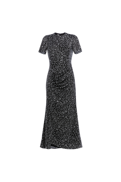 09-02-25 SS Платье с декоративными складками на уровне талии черное в "горох"