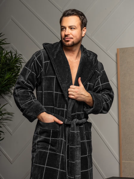 Мужской махровый халат Kevin с капюшоном черный POLENS