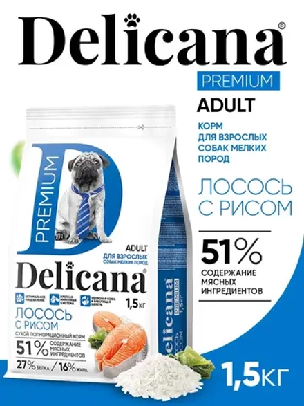 Delicana сухой полнорационный корм для взрослых собак мелких пород лосось и рис, 1,5кг, блок 6 шт.