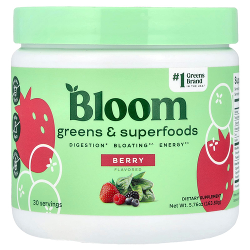 Bloom, зелень и суперфуды, с ягодным вкусом, 163,8 г (5,76 унции)