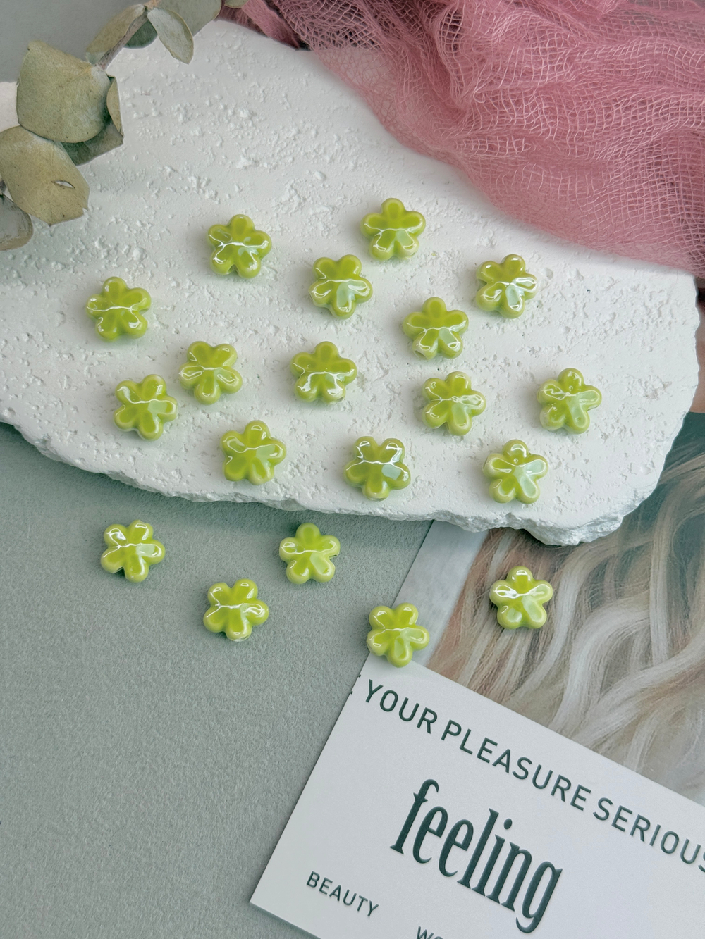 Керамические бусины, 12 мм, «Цветочек», лайм, 10 штук