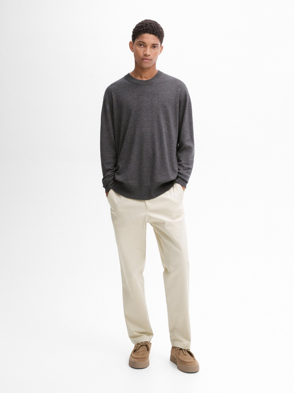 Massimo Dutti Шерстяной свитер с круглым вырезом, антрацитово-серый