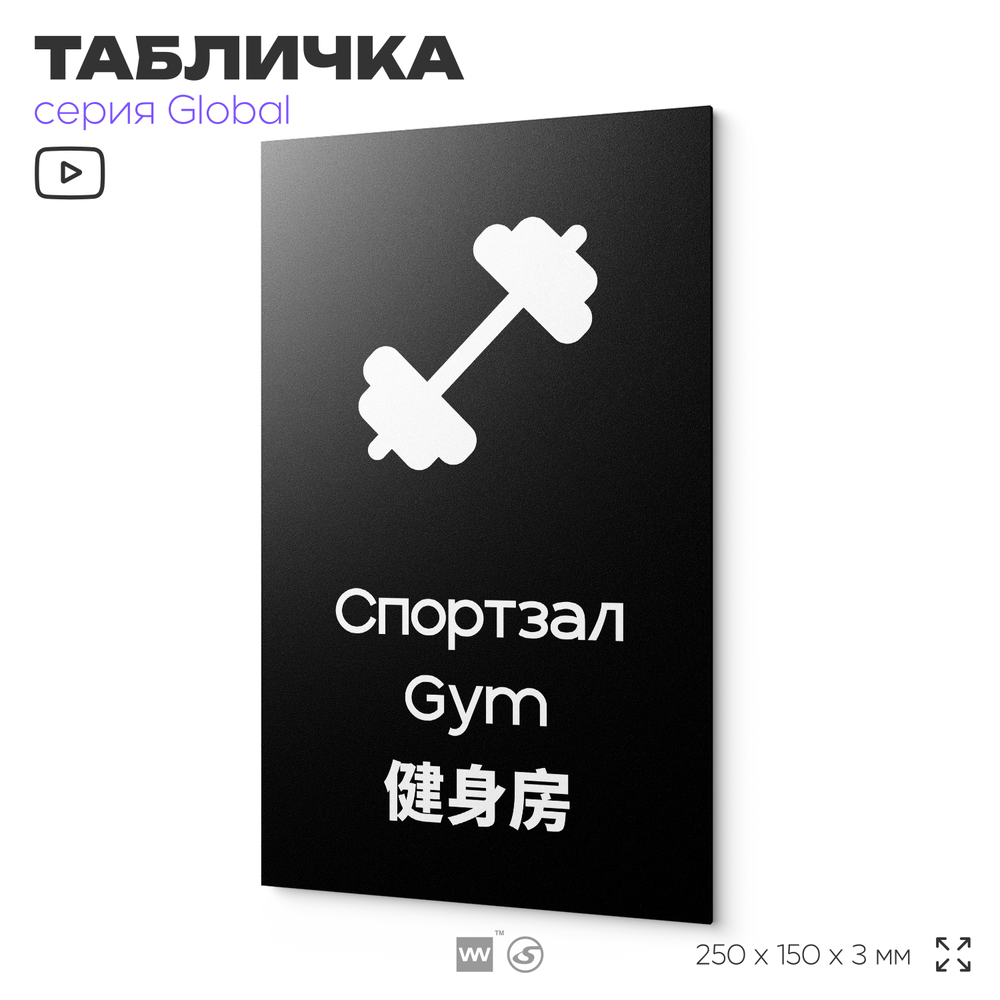 Табличка Спортзал, на дверь и стену, информационная и мультиязычная (русский, английский, китайский), серия GLOBAL, 25х15 см, Айдентика Технолоджи
