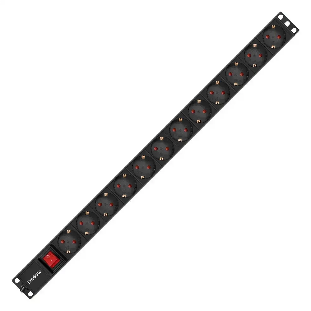 Блок розеток вертикальный ExeGate ServerPro PDU-V120 Al-12S-EU2.5-SW (19", 1U, Алюминий, кабель с евровилкой VDE-250V-16A-3*1.5mm2, 2.3 метра, выкл. с подсветкой, черный, RTL)