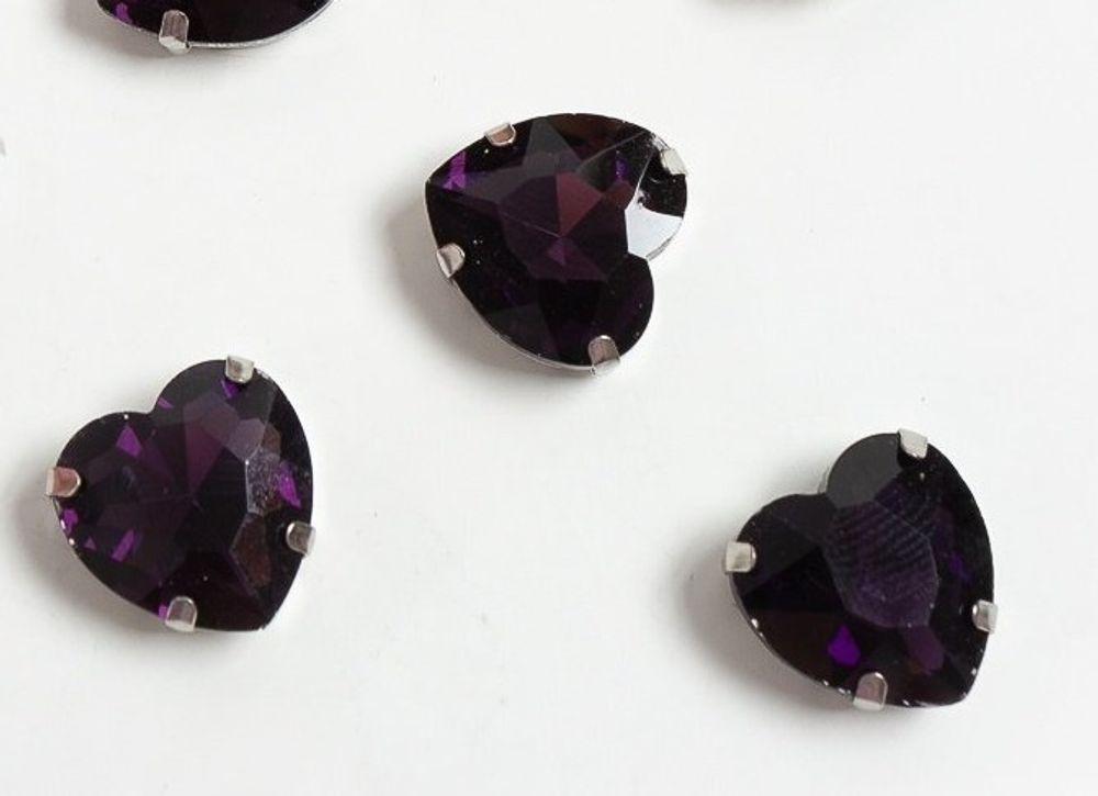 Стразы пришивные стекло в оправе "Сердечко", р. 16 мм, тёмно-сиреневый