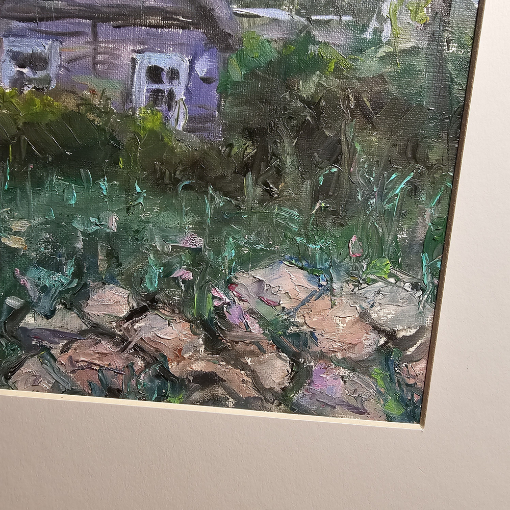 Картина авторская маслом на холсте в паспарту 30х40 см на стену для интерьера "Брошенный дом"