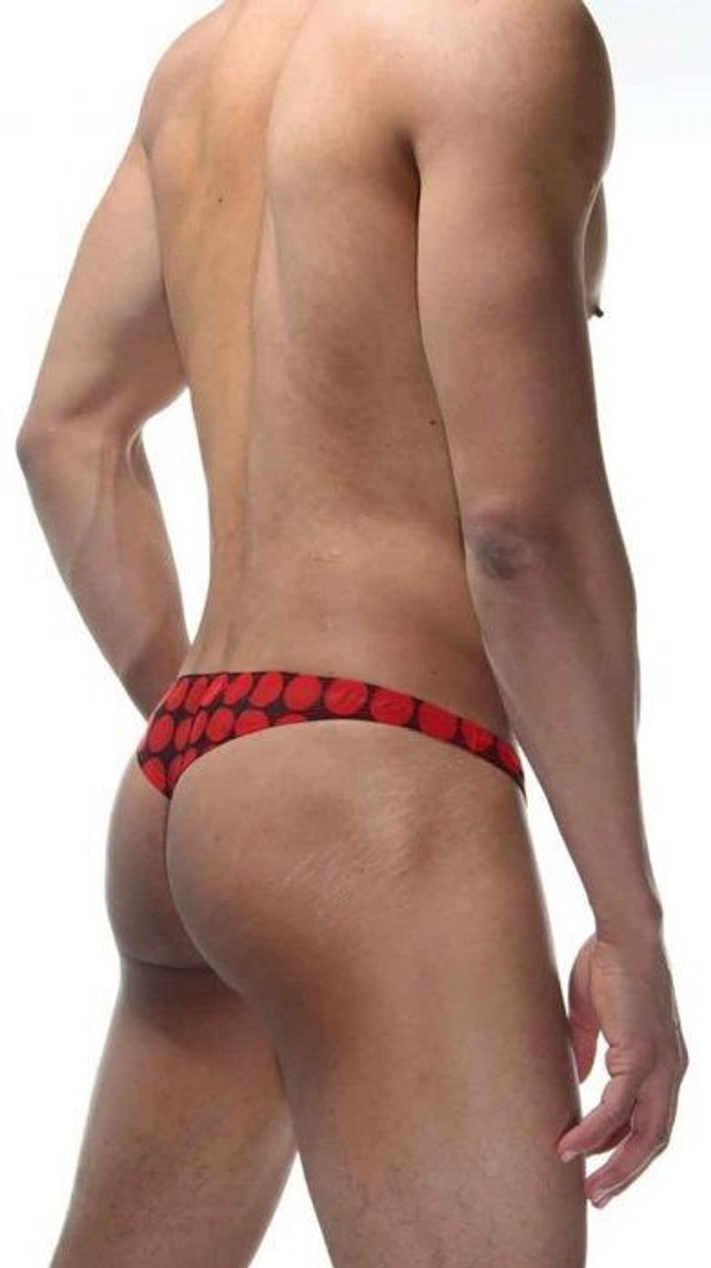 Мужские трусы-тонга в крупный горох (Размер: S-M) (Цвет: красный с черным)