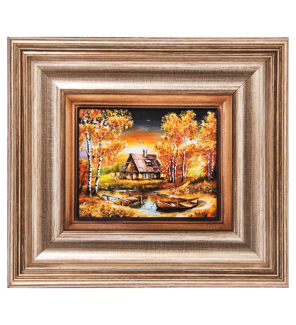 AMB-04/24 Икона «Избушка у озера» (с янтарной крошкой) L-18см