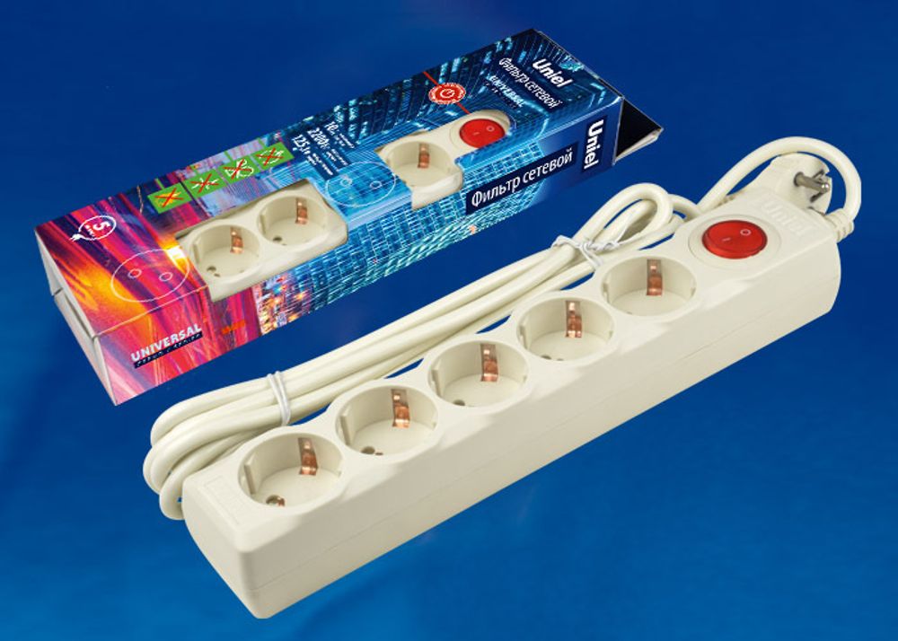 S-GSU5-5 IVORY Cетевой фильтр серии Universal, 5м (Пвс 3*0,75), 5 гнезд, с/з. 10А. Защита от перенапряжения, короткого замыкания. TM Uniel.