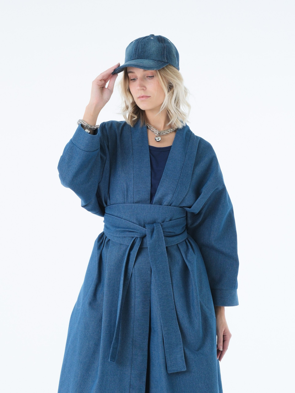 Кафтан /джинс / синий+ кушак