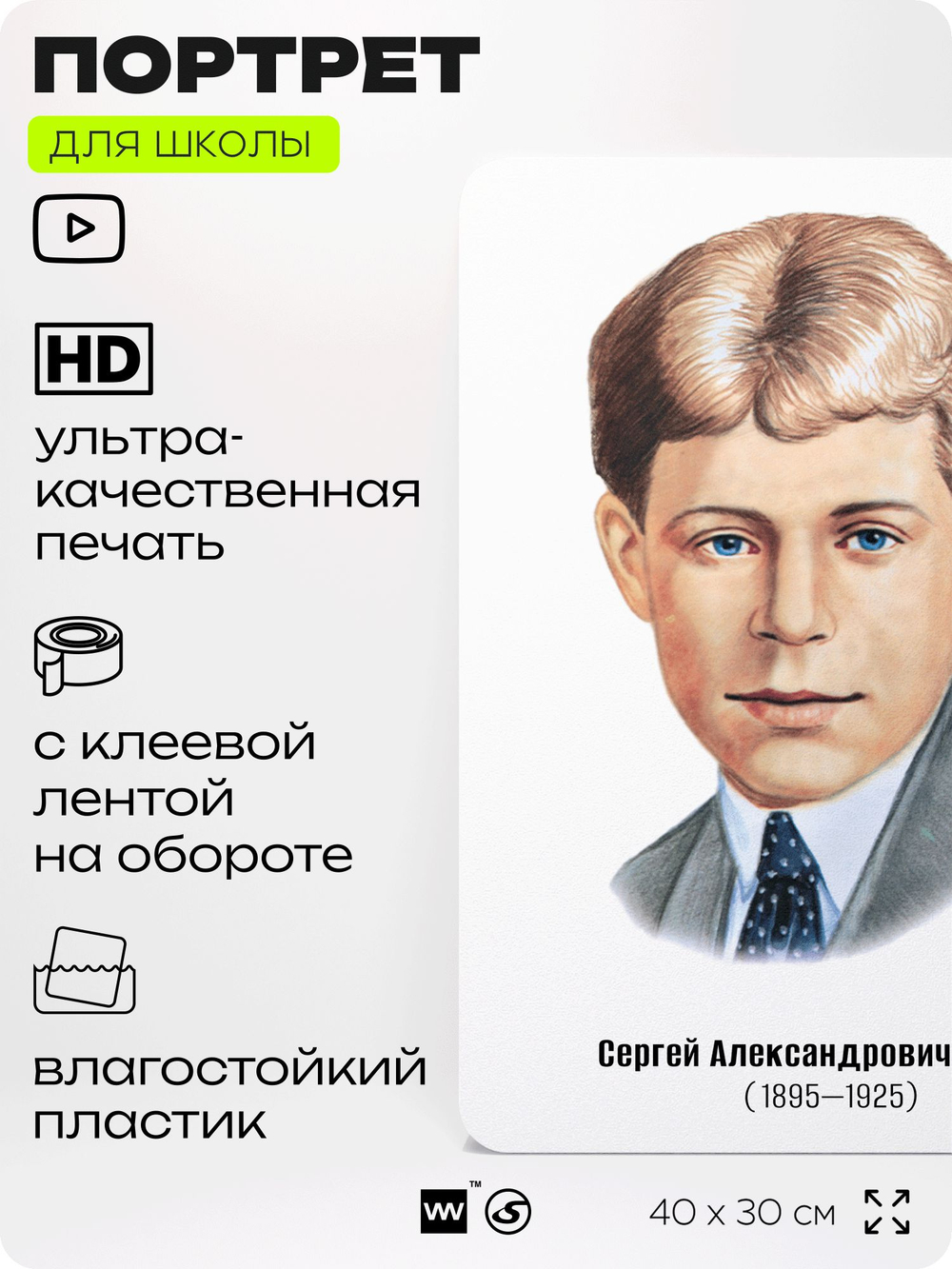 Портрет для школы в кабинет литературы и русского языка "Есенин Сергей Александрович", стенд школьный для класса, для оформления классного уголка, 40х30 см, Silver Plane x Айдентика Технолоджи