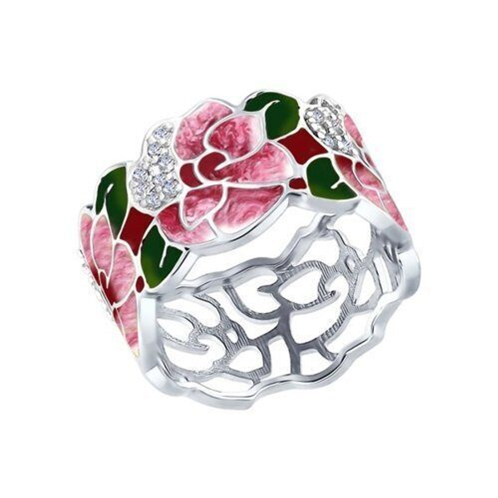 Кольцо из серебра 925 с фианитами. Техника эмаль. Размер 18.