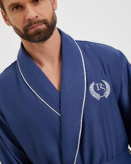 Халат мужской TНOMAS сатиновый с кантом и вышивкой Синий(Серебро) &quot;Polens&quot;