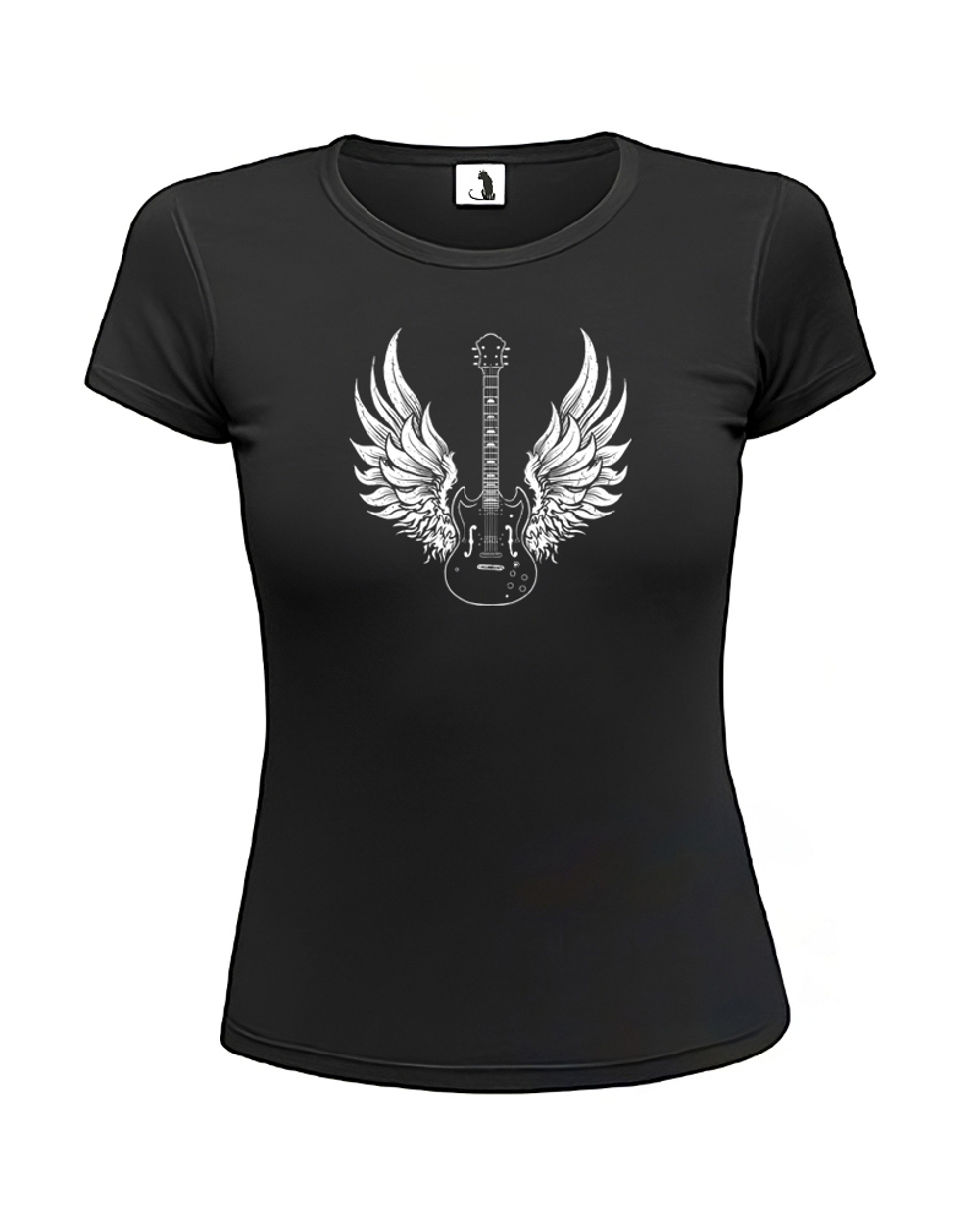 Футболка Гитара с крыльями женская приталенная черная с белым рисунком