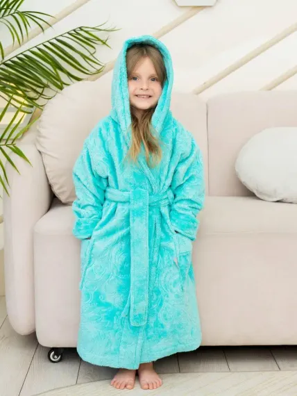 Халат детский велюровый жаккард с капюшоном EMILY Бирюзовый "Polens"