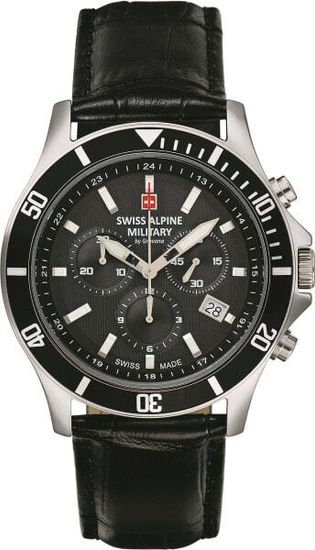 С ремешком Мужские наручные часы с черным кожаным ремешком  Swiss Alpine Military 7022.9537 chronograph 42mm 10ATM